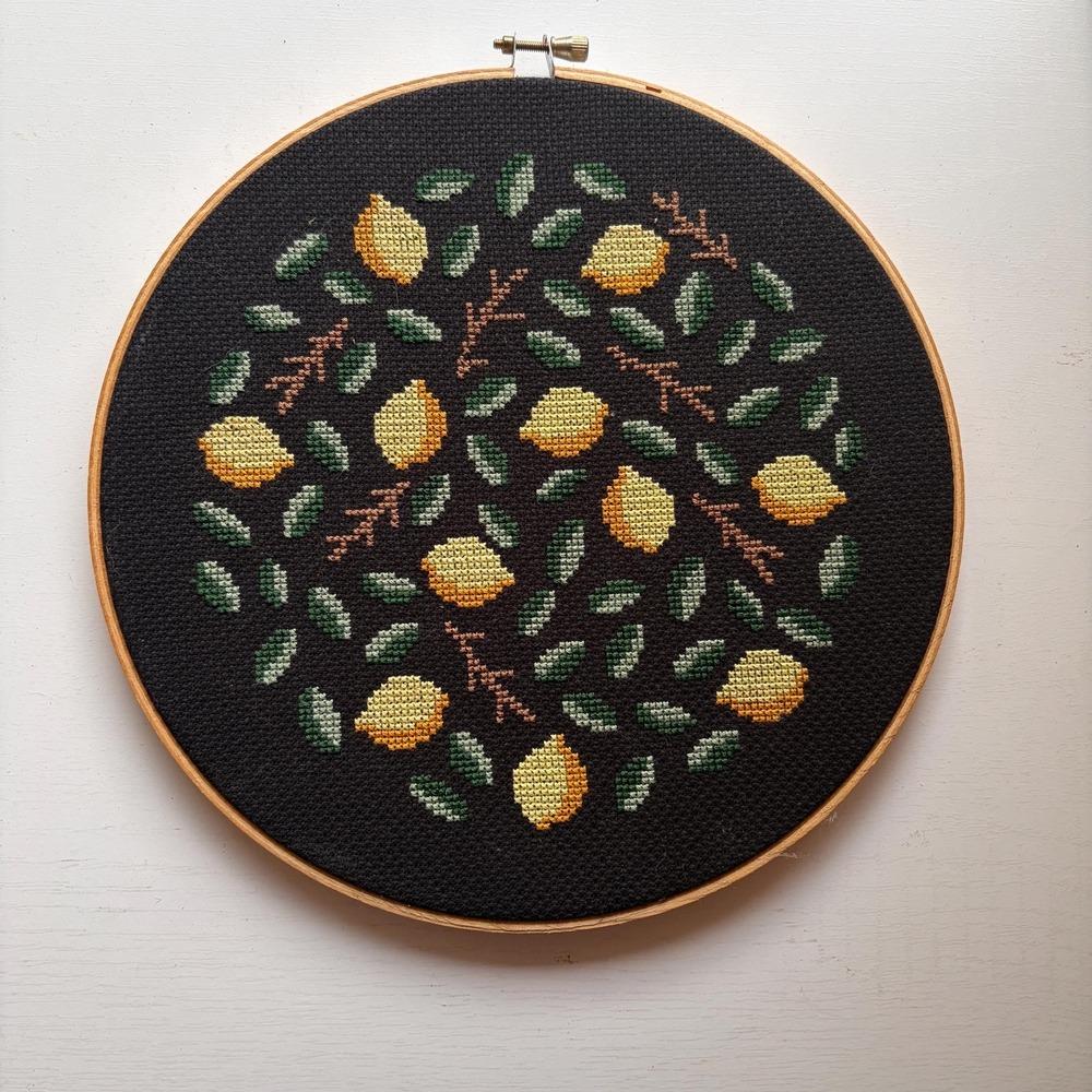 Lemon Cross Stitch on Wooden Hoop Framed Citrus Needlework Cottage Kitchen Decor